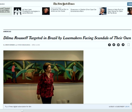 GOLPE/IMPEACHMENT é motivo de indignação em todo mundo, e foi matéria do jornal americano NEW YORK TIMES GOLPE DILMA